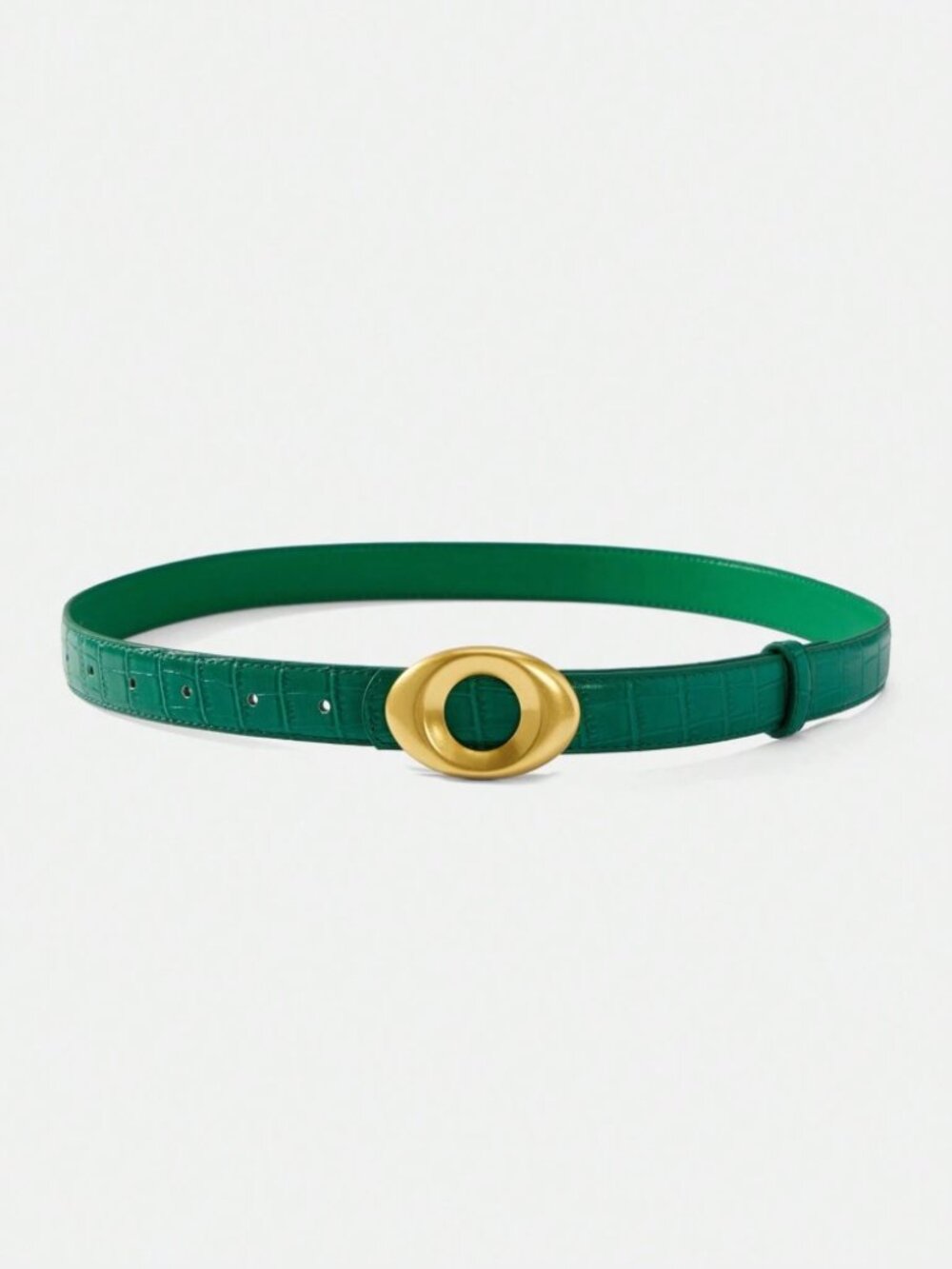 Emerald Green Croc-Embossed Vegan Leather Belt with Oval Gold Buckle